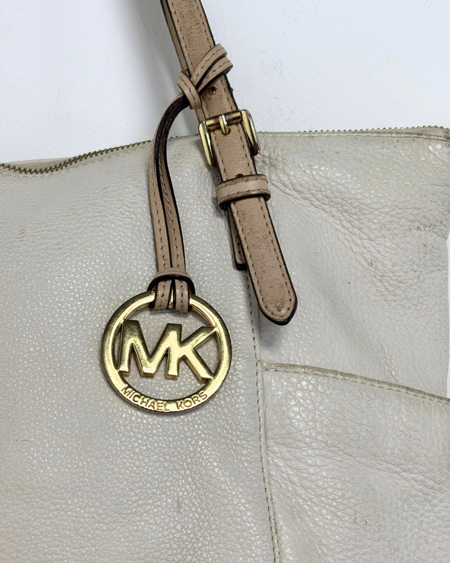 Michael Kors Pebbled Leather Contrast Tan Straps & Gold Charm Tote Bag