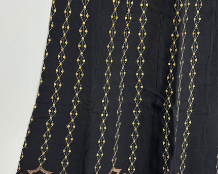 Vintage Black Linen-Blend Gold Geometric & Ethnic Embroidery Maxi Skirt