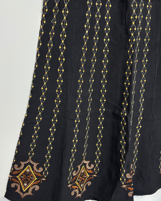 Vintage Black Linen-Blend Gold Geometric & Ethnic Embroidery Maxi Skirt