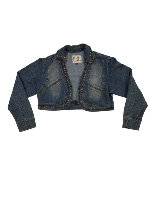 C’est Gold Beaded Embellished Blue Denim Bolero Jacket - XL
