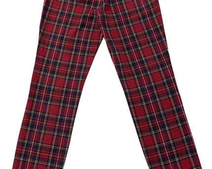 ZARA Red & Navy Tartan Plaid Elastic Waist Slim Trousers