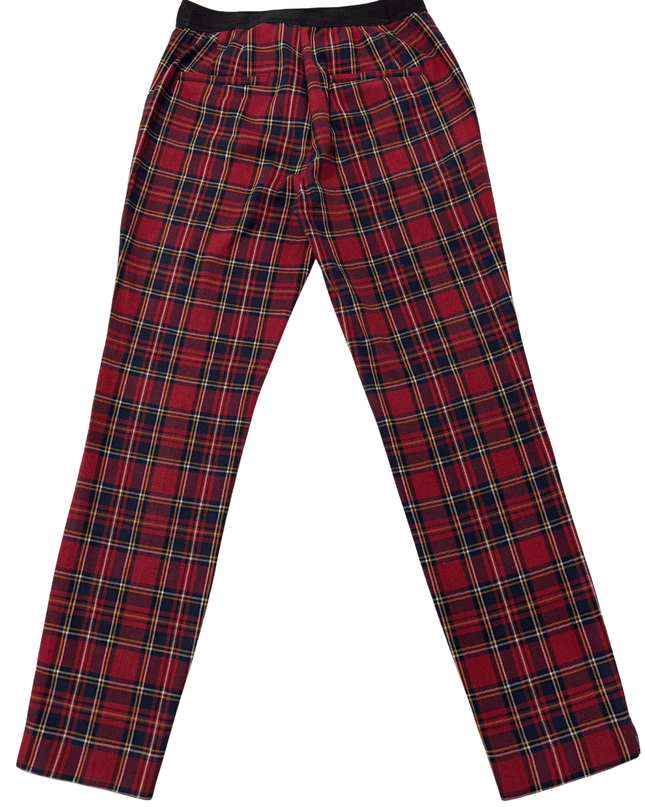 ZARA Red & Navy Tartan Plaid Elastic Waist Slim Trousers