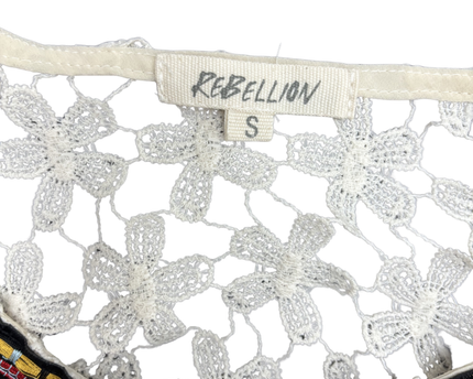 Rebellion Beaded Tribal Neckline Cream Floral Crochet Tank Top - S