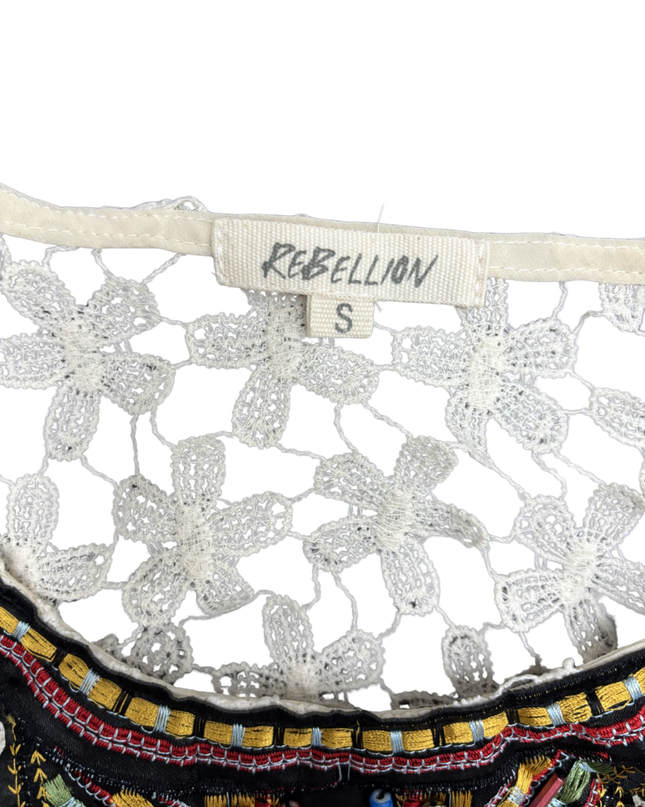 Rebellion Beaded Tribal Neckline Cream Floral Crochet Tank Top - S
