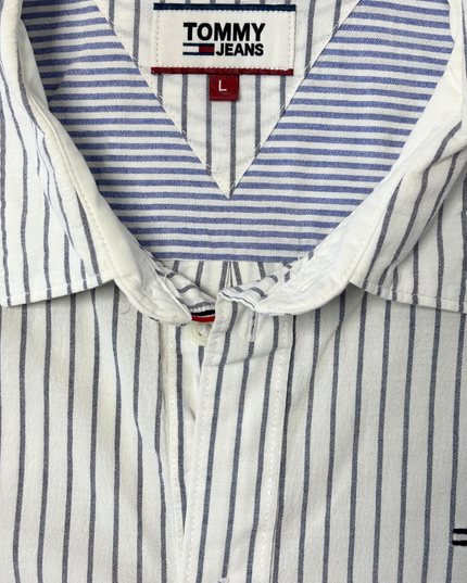 Tommy Jeans White & Navy Striped Regular Fit Button-Down Shirt