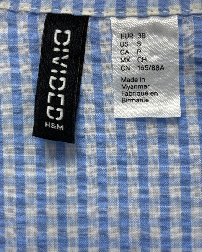 H&M Divided Blue & White Gingham Seersucker Cropped Shirt