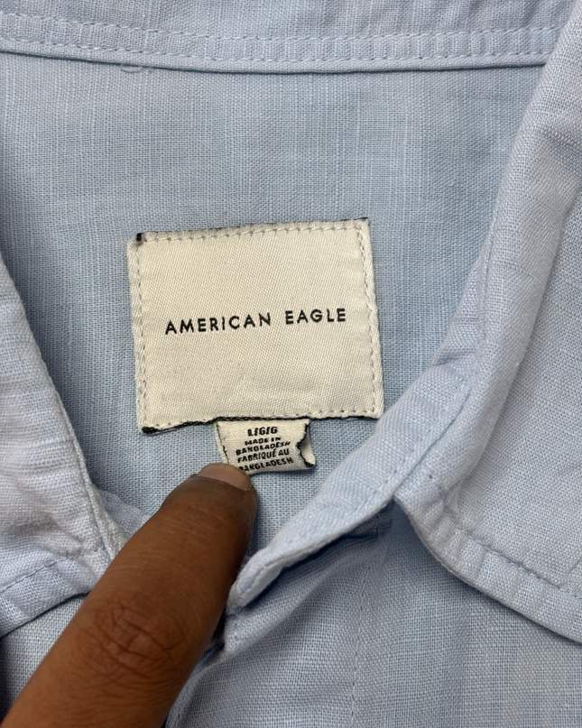 American Eagle Light Blue Short Sleeve Button-Up Linen Shirt - XL