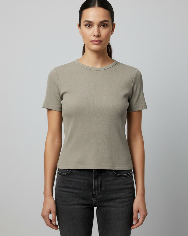Pull & Bear Beige Ribbed Short Sleeve Crop T-Shirt