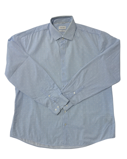 Calvin Klein Fitted Light Blue Micro-Checkered Long Sleeve Shirt - XL
