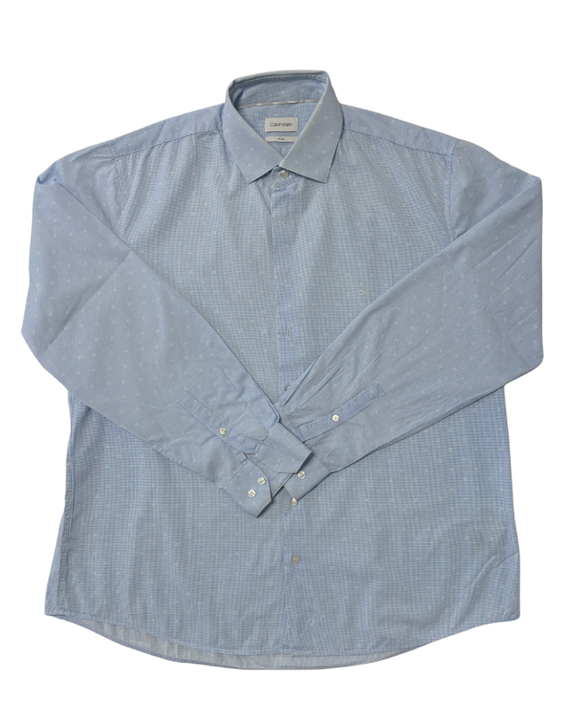 Calvin Klein Fitted Light Blue Micro-Checkered Long Sleeve Shirt - XL