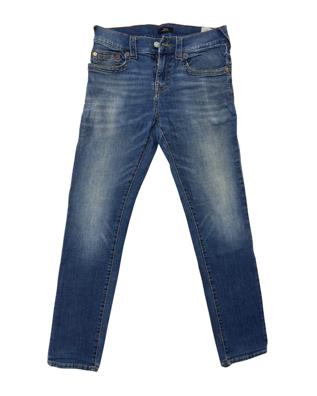 True Religion Rocco Relaxed Skinny Blue Distressed Jeans - L | Waist: 32"