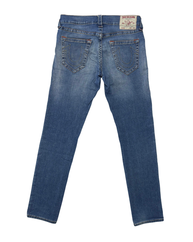 True Religion Rocco Relaxed Skinny Blue Distressed Jeans - L | Waist: 32"
