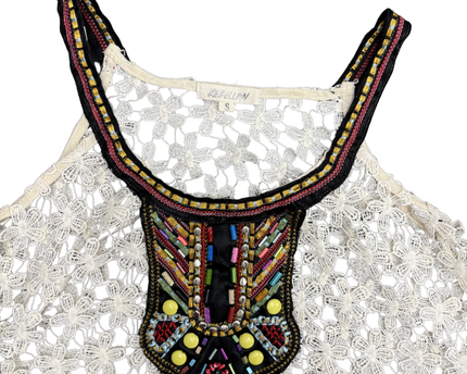 Rebellion Beaded Tribal Neckline Cream Floral Crochet Tank Top - S