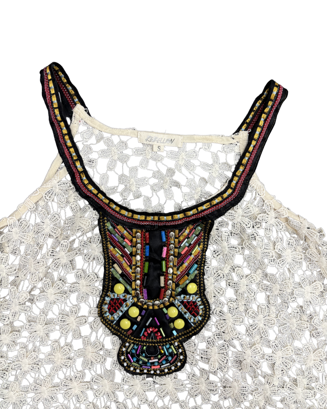 Rebellion Beaded Tribal Neckline Cream Floral Crochet Tank Top - S