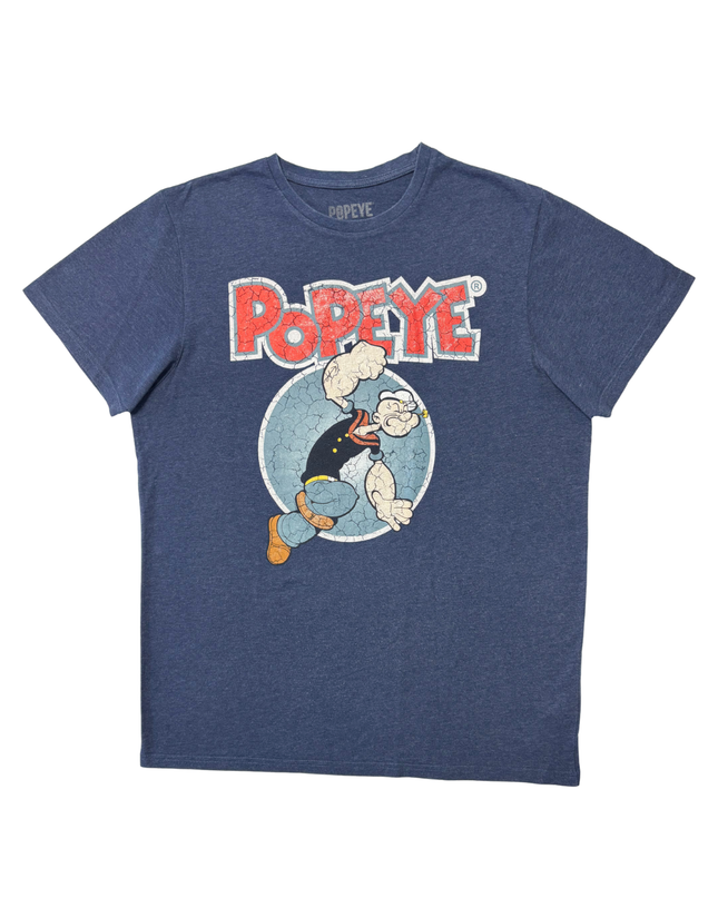 Popeye Vintage Distressed Navy Blue Graphic Cartoon T-Shirt - L