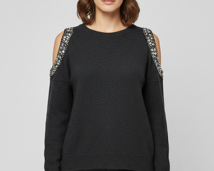 INC International Concepts Dark Grey Embellished Cold Shoulder Sweater
