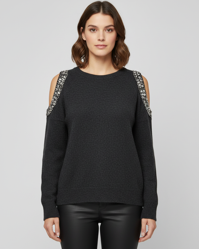 INC International Concepts Dark Grey Embellished Cold Shoulder Sweater
