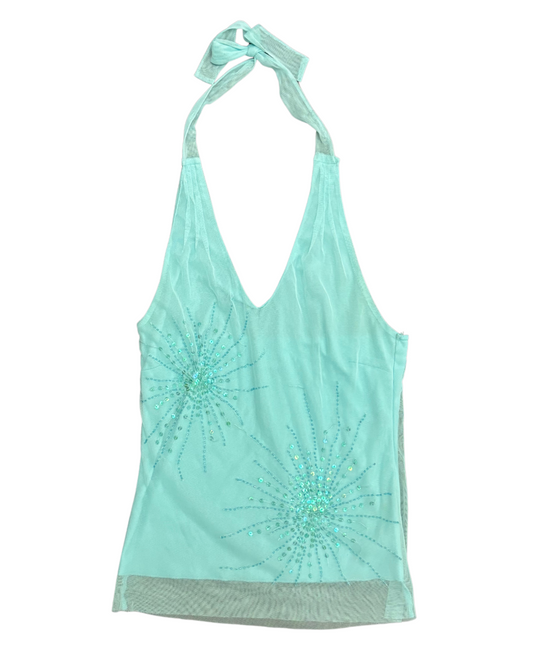 Suzy Shier Y2K Aqua Sequin Halter Top - XXS