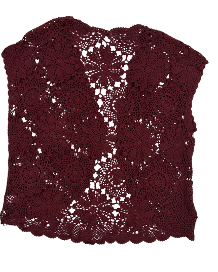 Denim 24/7 Deep Burgundy Floral Crochet Open Vest - L
