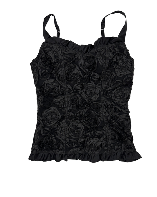 Vintage Black 3D Floral Rosette Ruffled Camisole Top - S