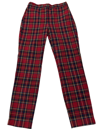 ZARA Red & Navy Tartan Plaid Elastic Waist Slim Trousers