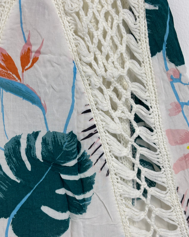 Boho Crochet & Tropical Leaf Print Sleeveless Swing Dress - XS