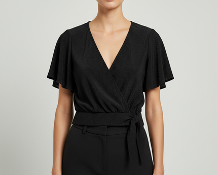 Bershka Black Plissé Textured Wrap Top