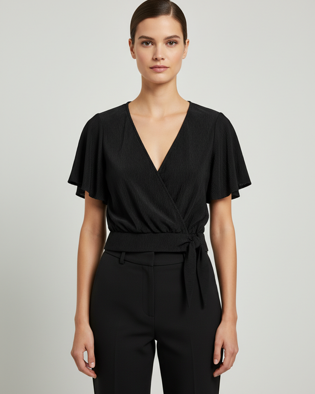 Bershka Black Plissé Textured Wrap Top