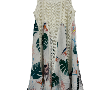 Boho Crochet & Tropical Leaf Print Sleeveless Swing Dress - XS