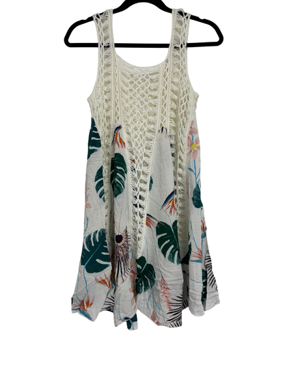 Boho Crochet & Tropical Leaf Print Sleeveless Swing Dress - XS