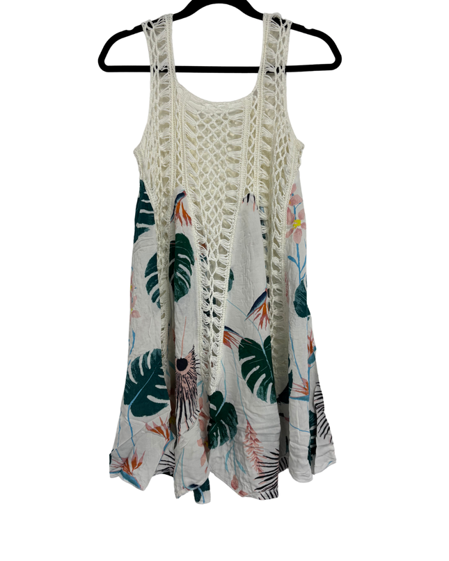 Boho Crochet & Tropical Leaf Print Sleeveless Swing Dress - XS