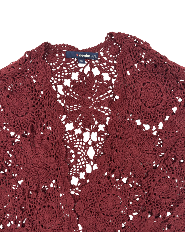 Denim 24/7 Deep Burgundy Floral Crochet Open Vest - L