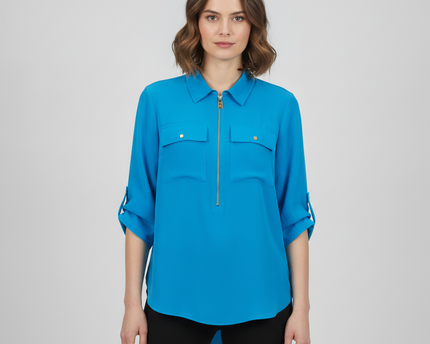 Michael Kors Vibrant Blue Zip-Front Utility Blouse