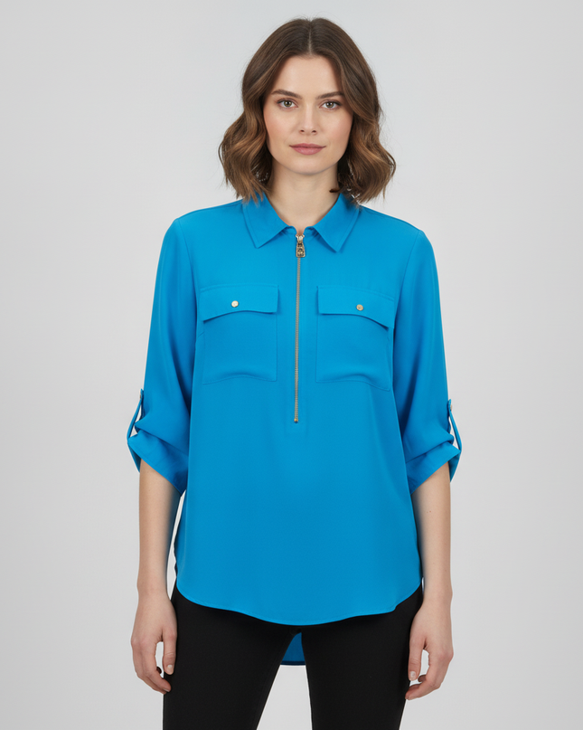 Michael Kors Vibrant Blue Zip-Front Utility Blouse