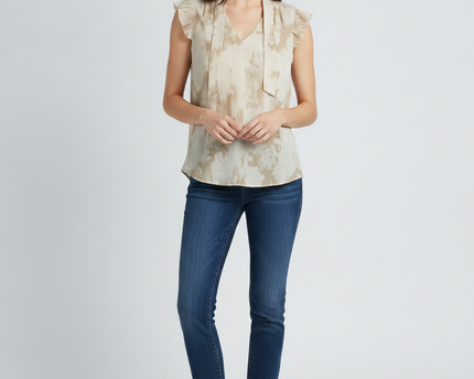 Calvin Klein Beige Abstract Print Ruffle Sleeve Blouse