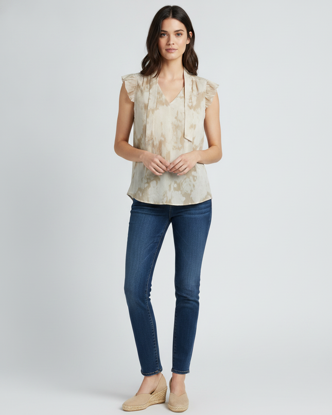 Calvin Klein Beige Abstract Print Ruffle Sleeve Blouse