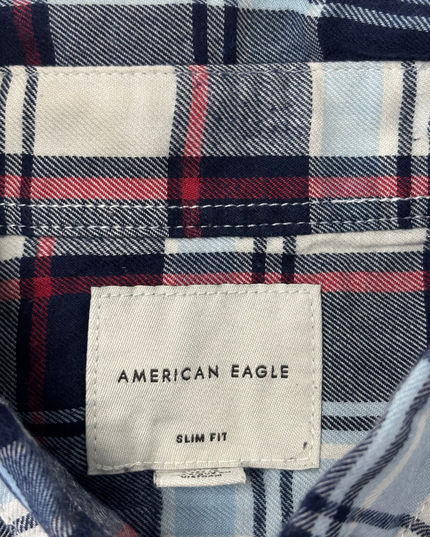 American Eagle Slim Fit Navy & Cream Plaid Flannel Shirt - M
