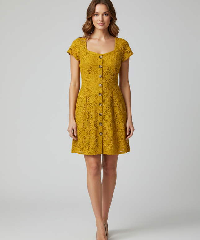 Abercrombie & Fitch Yellow Lace Button-Down Mini Dress