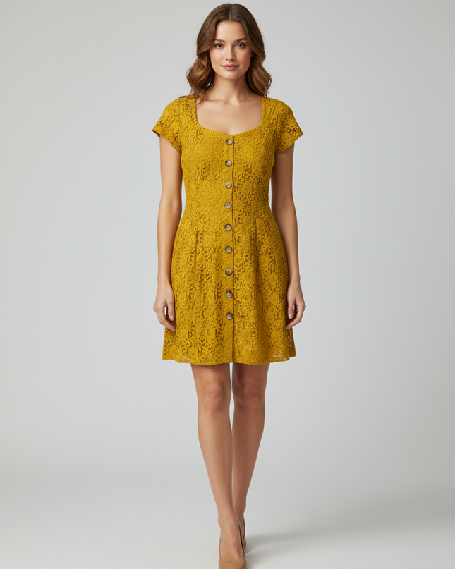 Abercrombie & Fitch Yellow Lace Button-Down Mini Dress