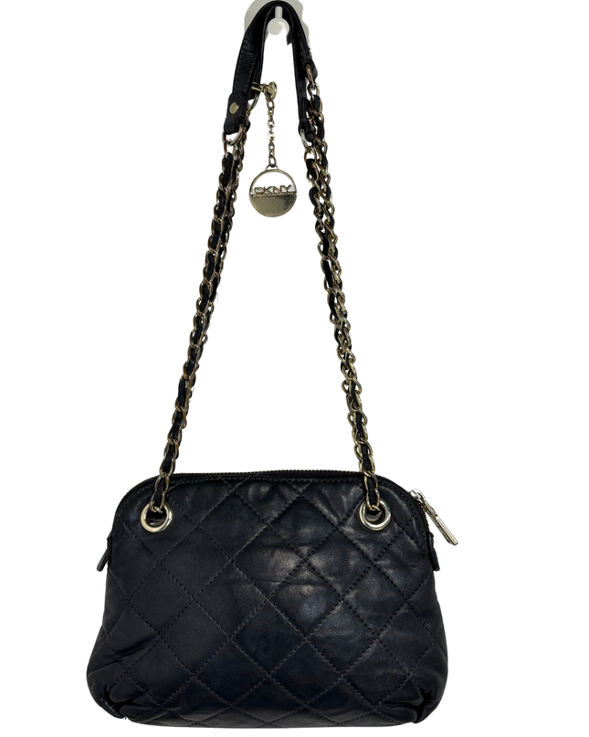 DKNY Black Quilted Leather Mini Shoulder Bag with Chain Strap