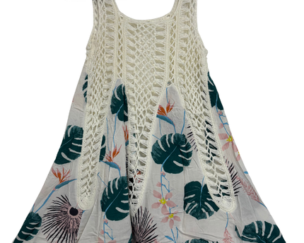 Boho Crochet & Tropical Leaf Print Sleeveless Swing Dress - XS