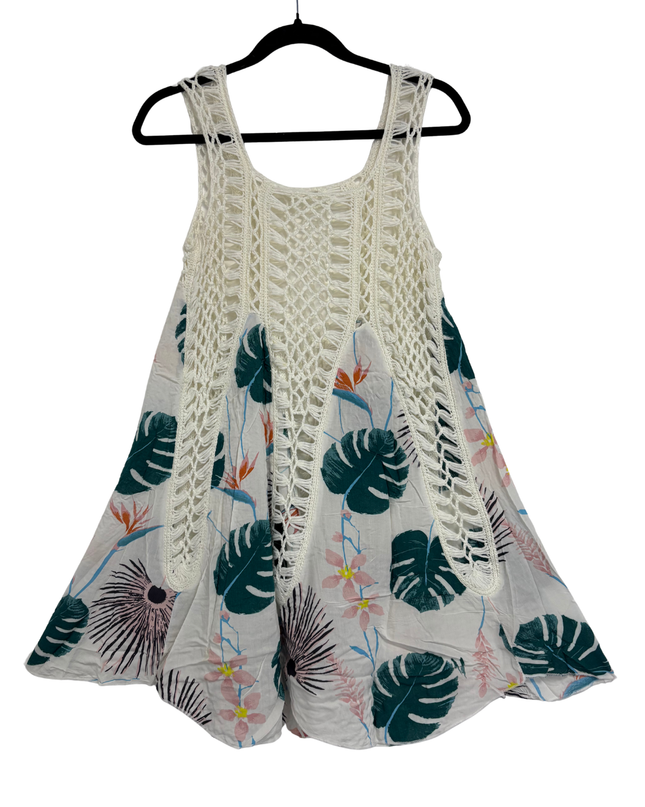 Boho Crochet & Tropical Leaf Print Sleeveless Swing Dress - XS
