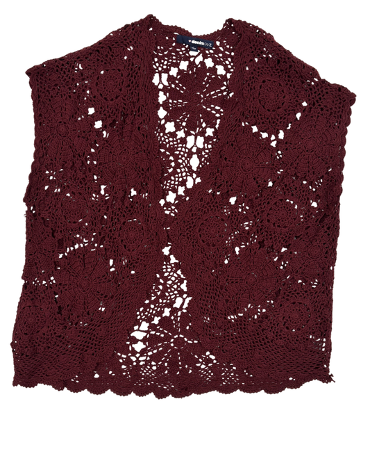 Denim 24/7 Deep Burgundy Floral Crochet Open Vest - L