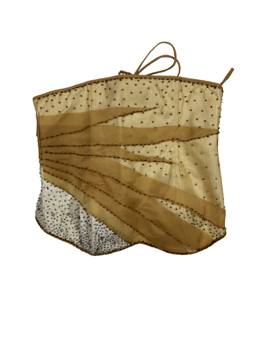 Y2K Gold Beaded Mesh Satin Corset-Style Tube Top - XXS