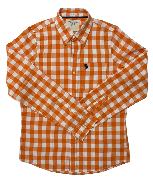 Abercrombie & Fitch Muscle Fit Orange & White Gingham Check Shirt - XXL