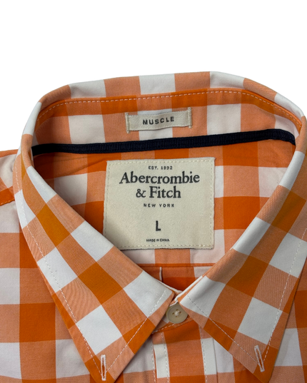 Abercrombie & Fitch Muscle Fit Orange & White Gingham Check Shirt - XXL