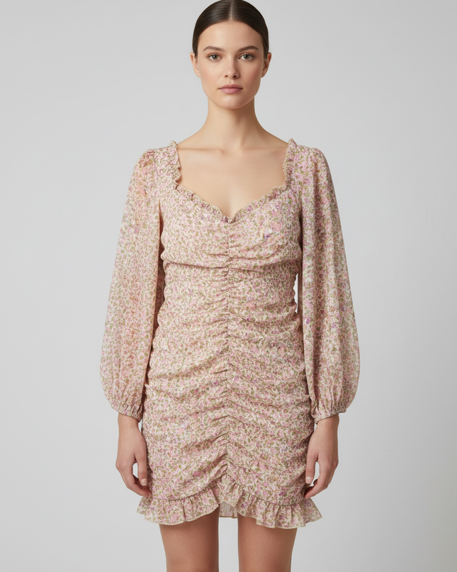 Sisters of the Tribe Pink Floral Ruched Mini Dress