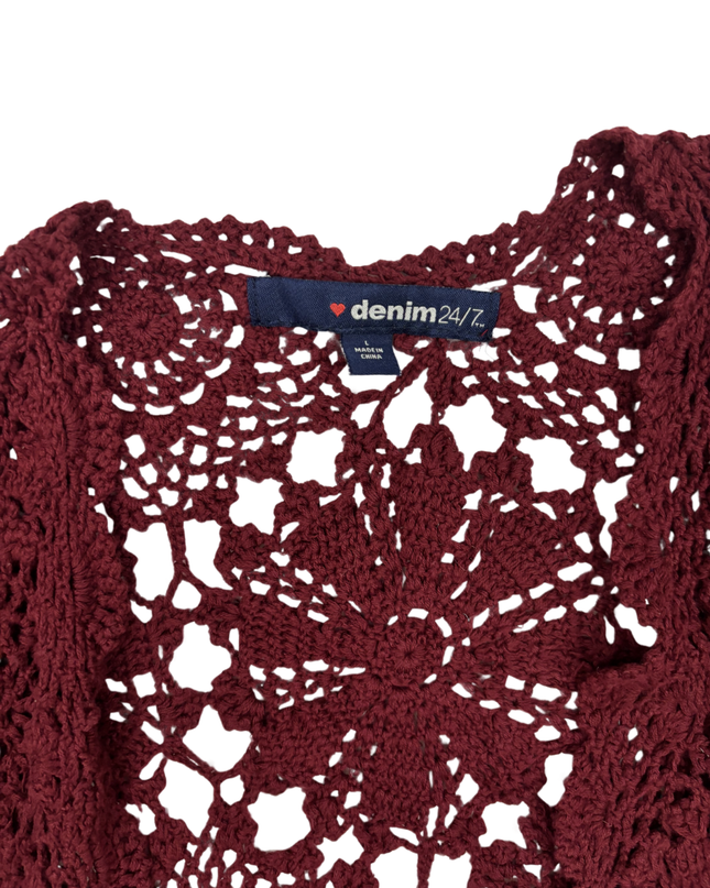 Denim 24/7 Deep Burgundy Floral Crochet Open Vest - L