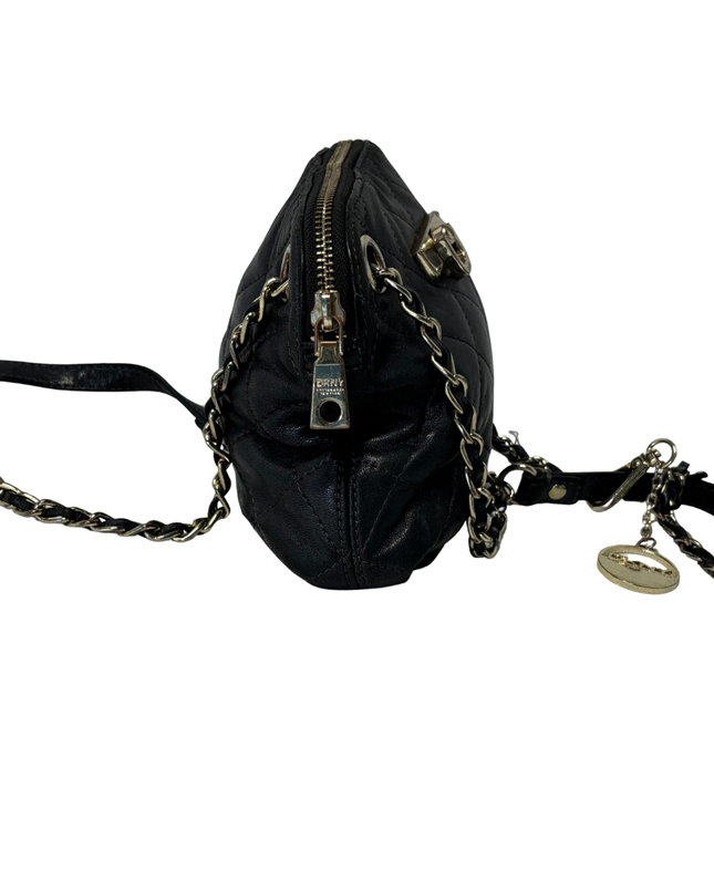 DKNY Black Quilted Leather Mini Shoulder Bag with Chain Strap
