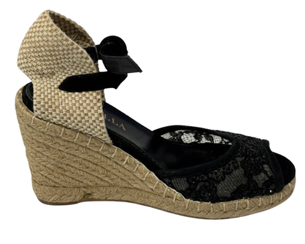 Le Silla Black Lace and Sequin Wedge Espadrilles